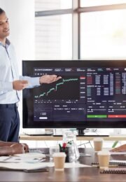 Business people, stock market dashboard on screen and coach for trading, finance presentation and g